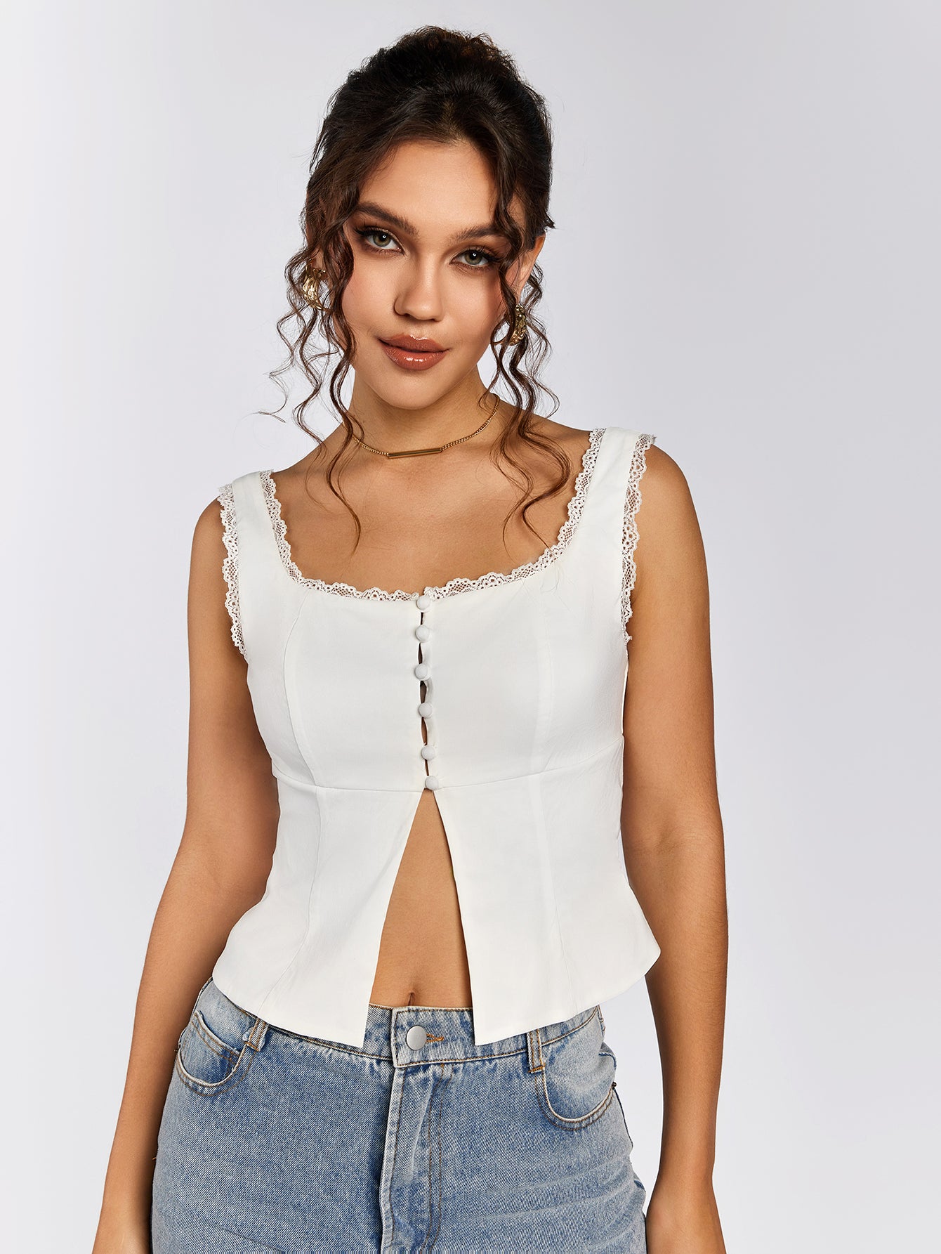 VALARC Lace Trim Button Up Camisole Courecrop valarc-lace-trim-button-up-camisole-courecrop