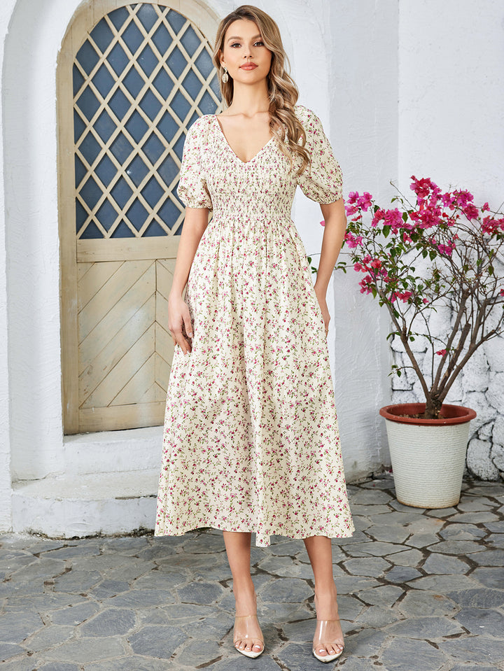 SELARC Floral High-waisted Short-sleeved V-neck Midi Dress