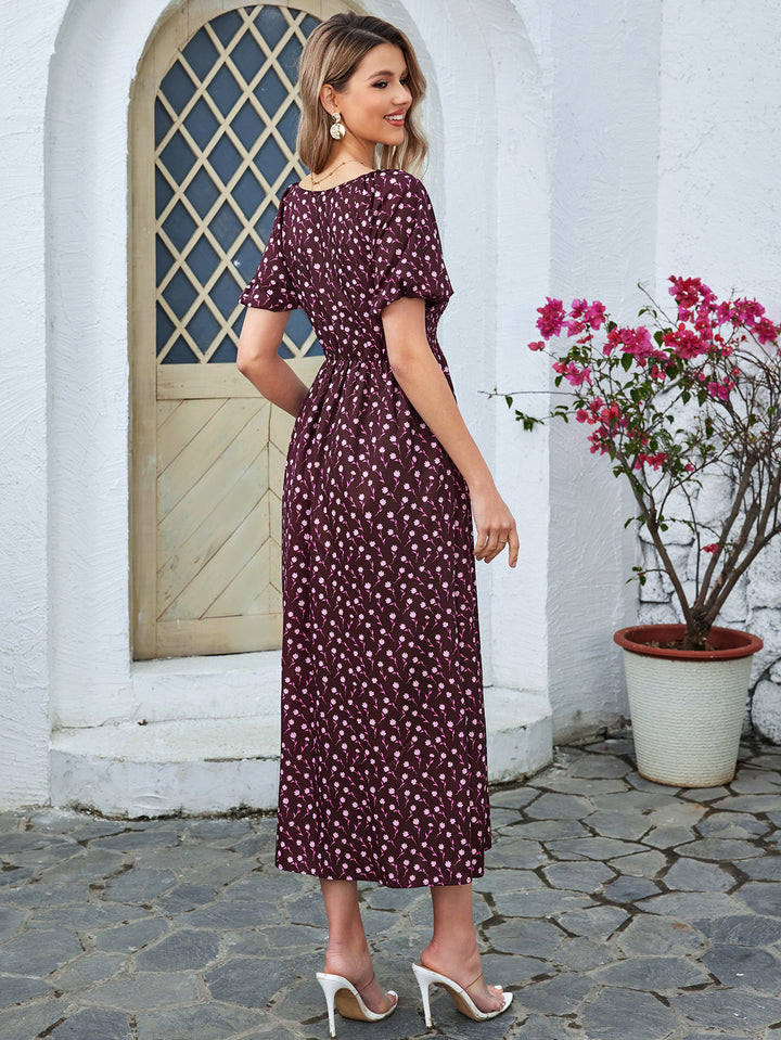 SELARC Floral High-waisted Short-sleeved V-neck Midi Dress