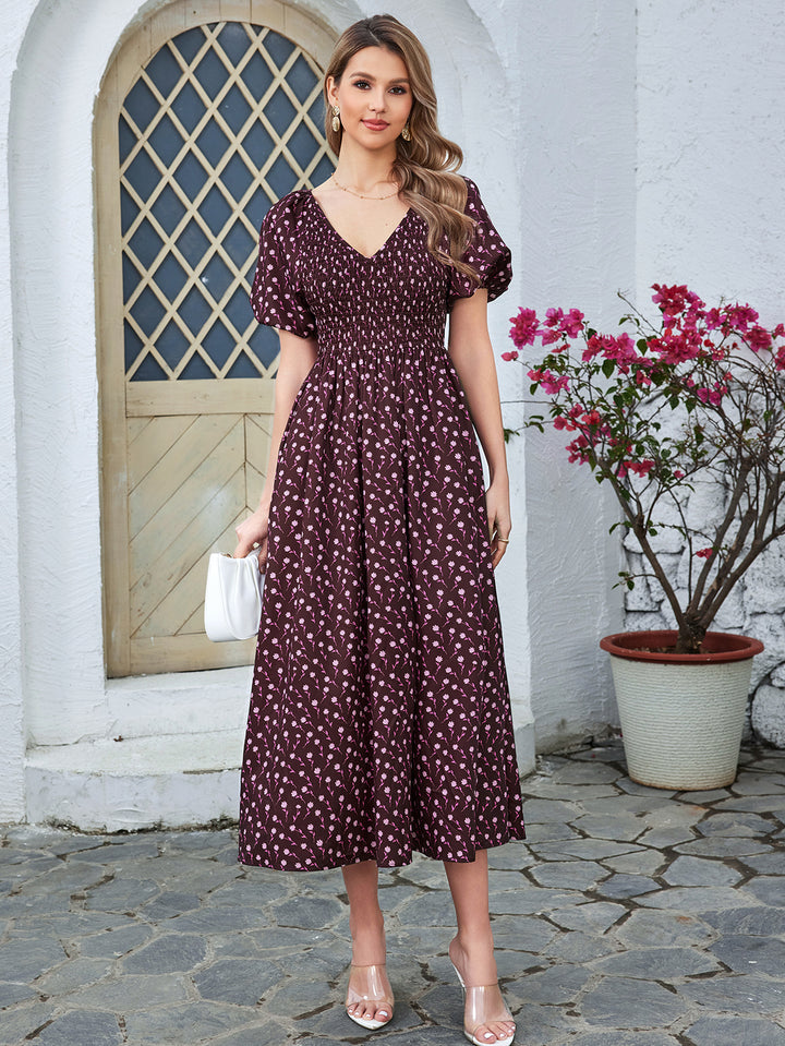 SELARC Floral High-waisted Short-sleeved V-neck Midi Dress