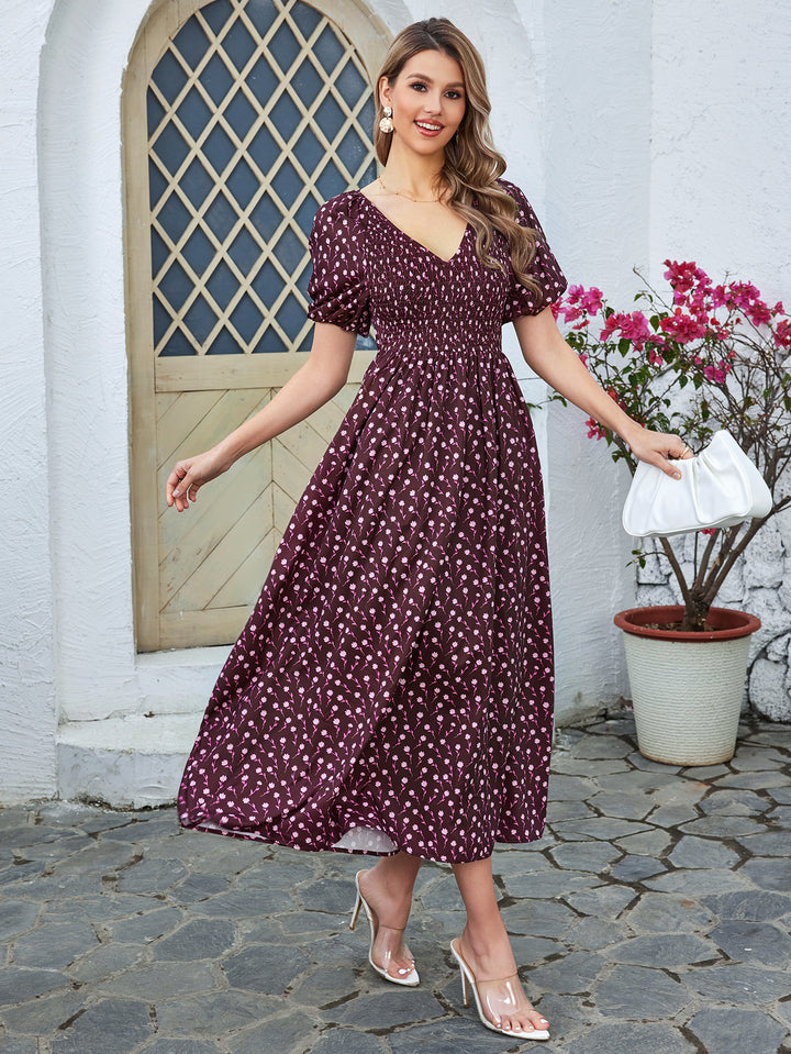 SELARC Floral High-waisted Short-sleeved V-neck Midi Dress