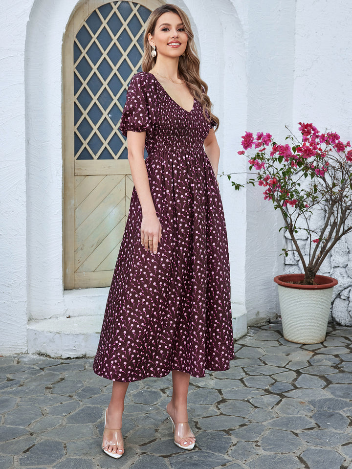 SELARC Floral High-waisted Short-sleeved V-neck Midi Dress