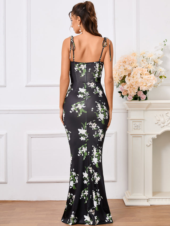 ELEANOR Tie Shoulder Floral Print Mermaid Prom Dress