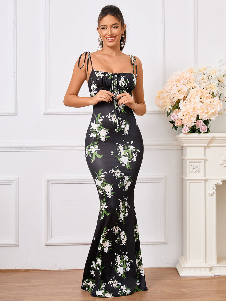 ELEANOR Tie Shoulder Floral Print Mermaid Prom Dress