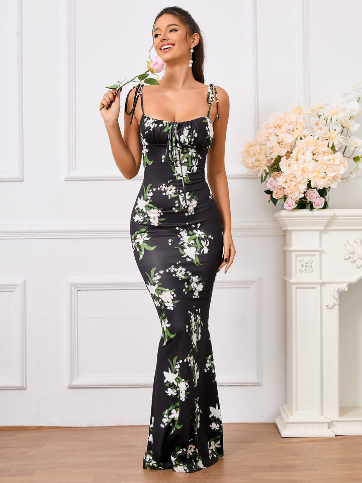 ELEANOR Tie Shoulder Floral Print Mermaid Prom Dress