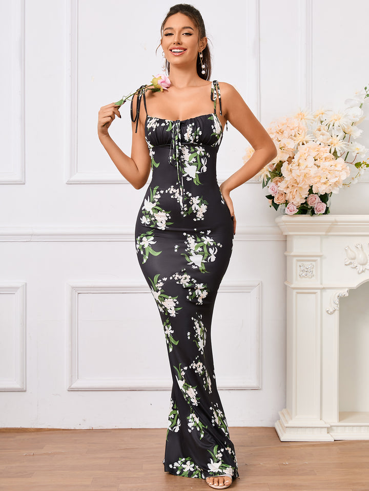 ELEANOR Tie Shoulder Floral Print Mermaid Prom Dress