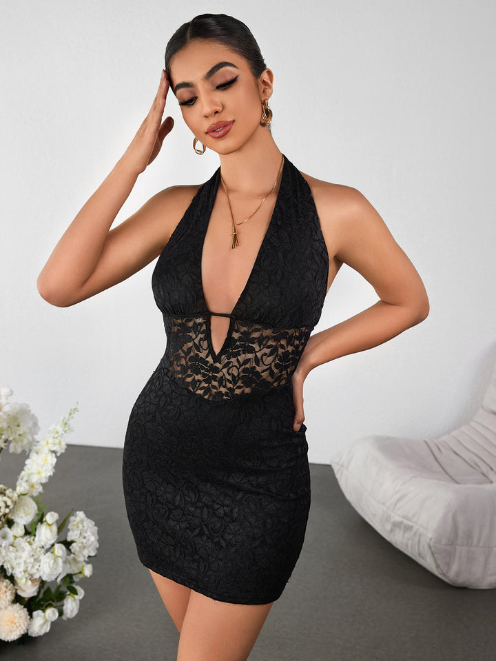 JANANA Lace Sheer V-neck Halterneck Open-pack Hip Dress