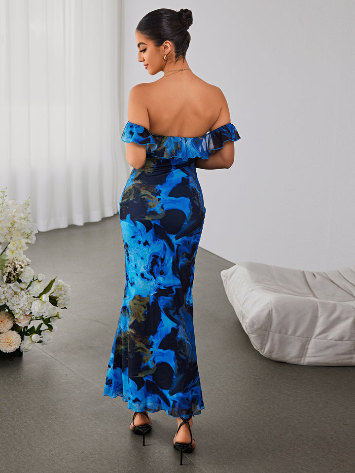 ANAINA Fashion-Printed Ruffled Straight-Neck Bodycon Maxi Dress