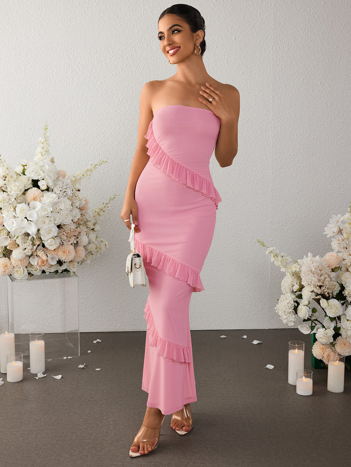 LEADARA Off-The-Shoulder Ruffle Lace High-Waisted Bodycon Maxi Dress