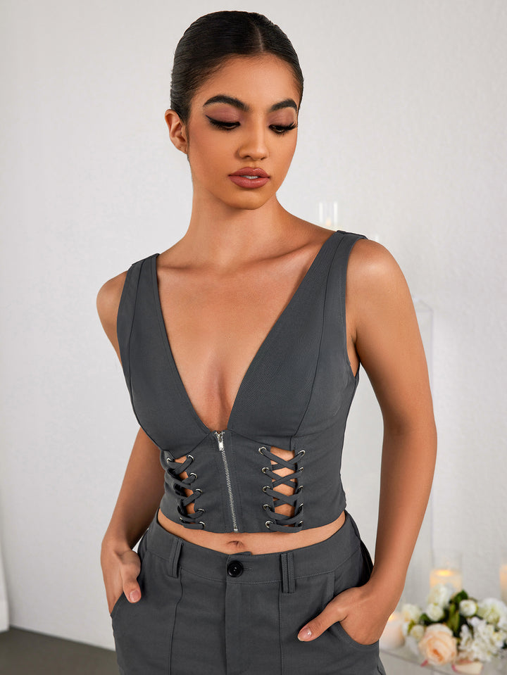 AINVAL Sexy Cut-out Solid Color Cinched Waist Crop Top