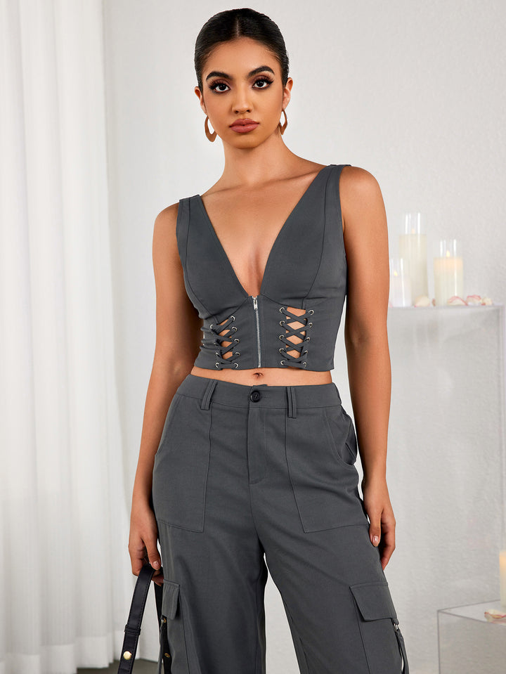 AINVAL Sexy Cut-out Solid Color Cinched Waist Crop Top