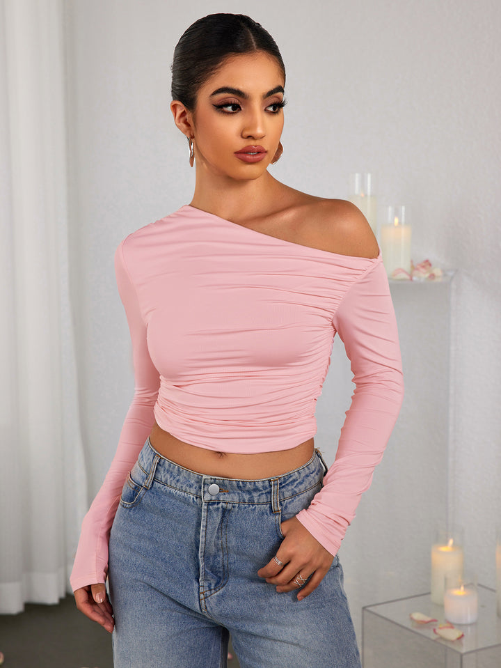 RCYCELIA Sexy Long Sleeved Pleated Open Navel Top