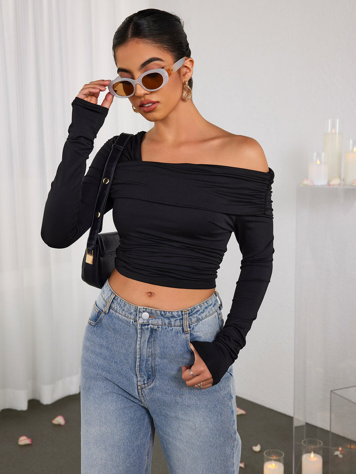 SIAVE Ruched One-shoulder Long-sleeved Top