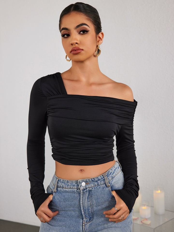 SIAVE Ruched One-shoulder Long-sleeved Top