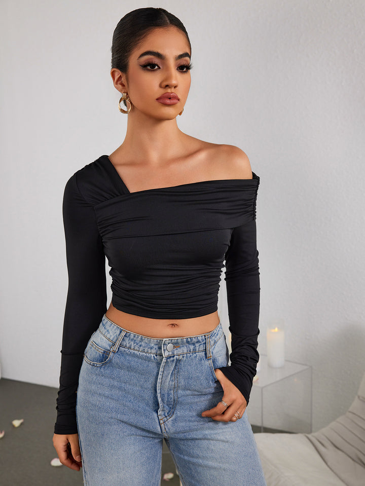 SIAVE Ruched One-shoulder Long-sleeved Top