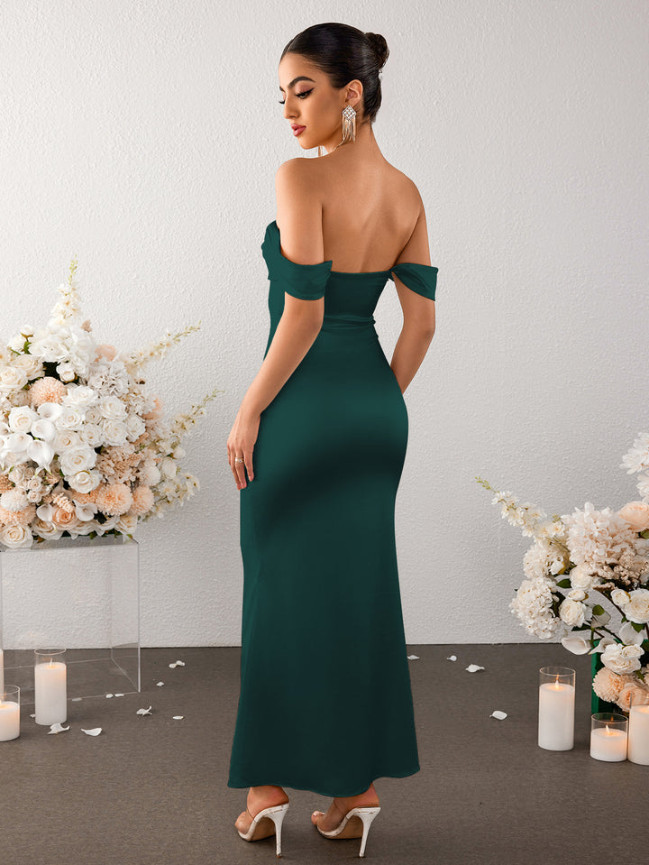 LIAAIN Temperament Straight-neck Satin Solid Color Bodycon Maxi Dress