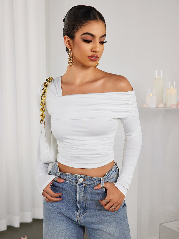 SIAVE Ruched One-shoulder Long-sleeved Top