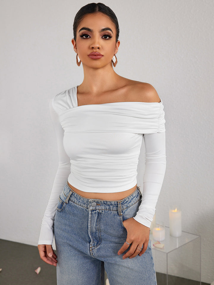 SIAVE Ruched One-shoulder Long-sleeved Top