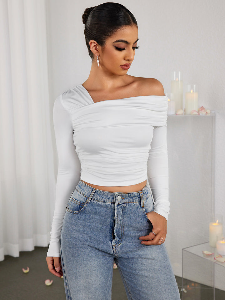 SIAVE Ruched One-shoulder Long-sleeved Top