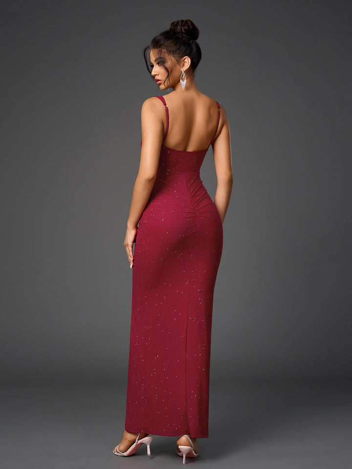 DARJAI Sparkly Sleeveless Backless Cut-Out Ruched Bodycon Dress