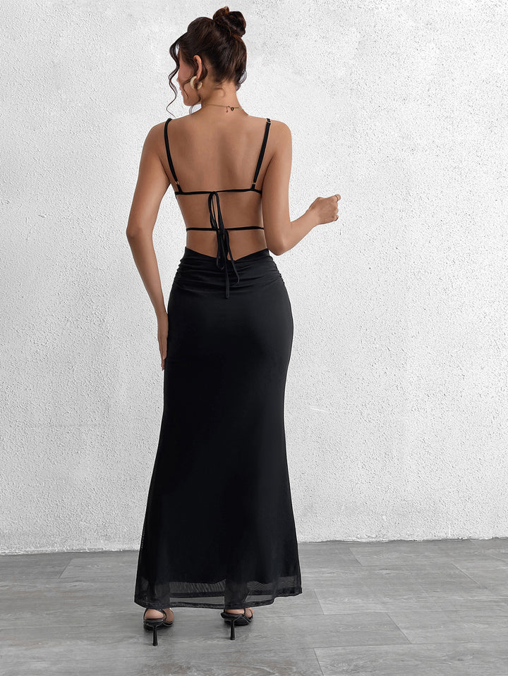 JANRCY Mesh Panels Lace Backless Tie Pure Lust Gown