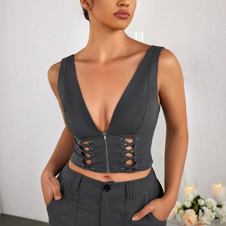 AINVAL Sexy Cut-out Solid Color Cinched Waist Crop Top