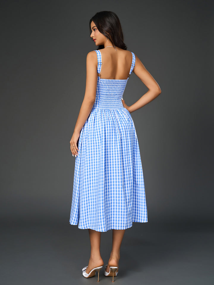 ARIONA French Plaid Print Ruched Slip Midi Dress