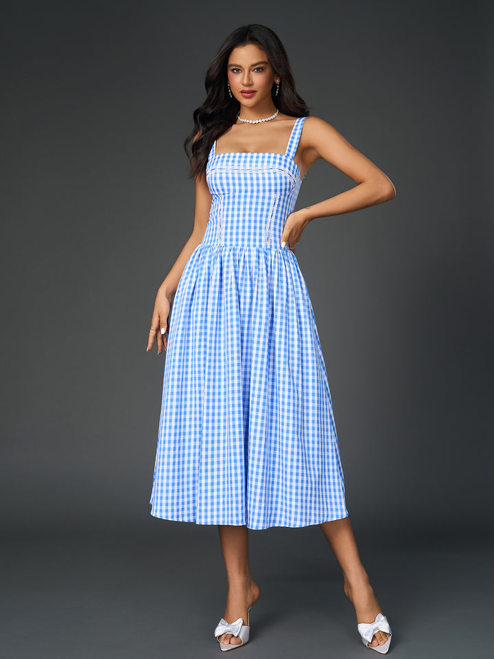 ARIONA French Plaid Print Ruched Slip Midi Dress