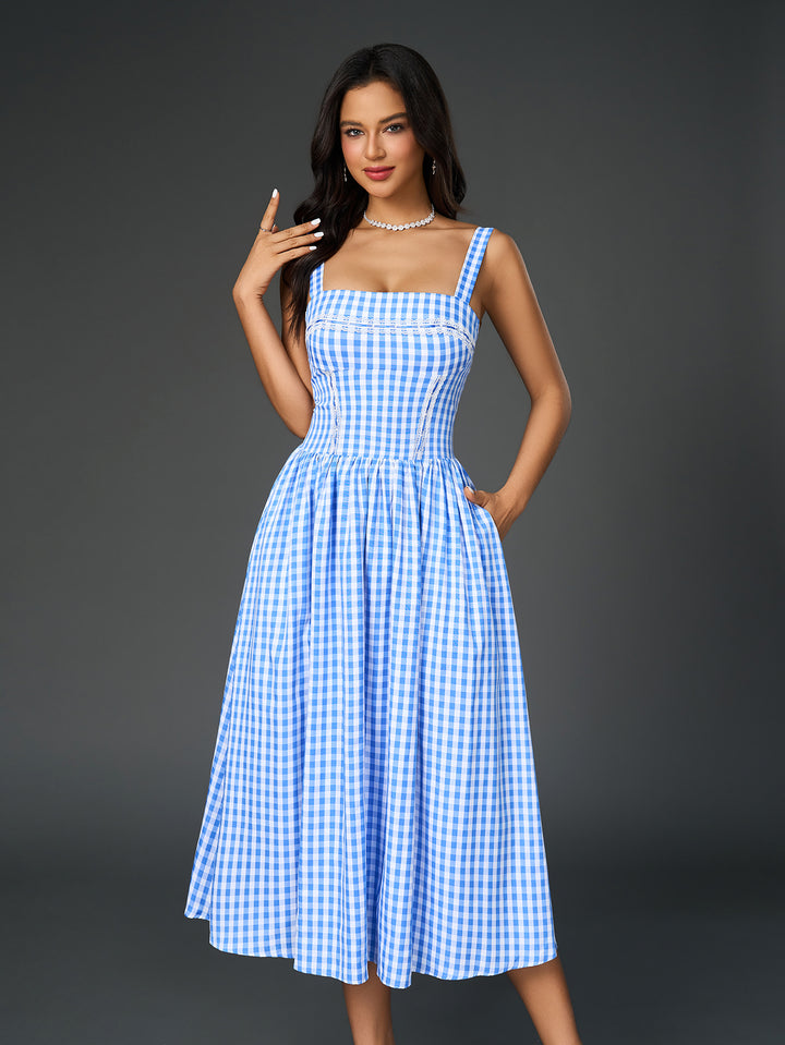 ARIONA French Plaid Print Ruched Slip Midi Dress