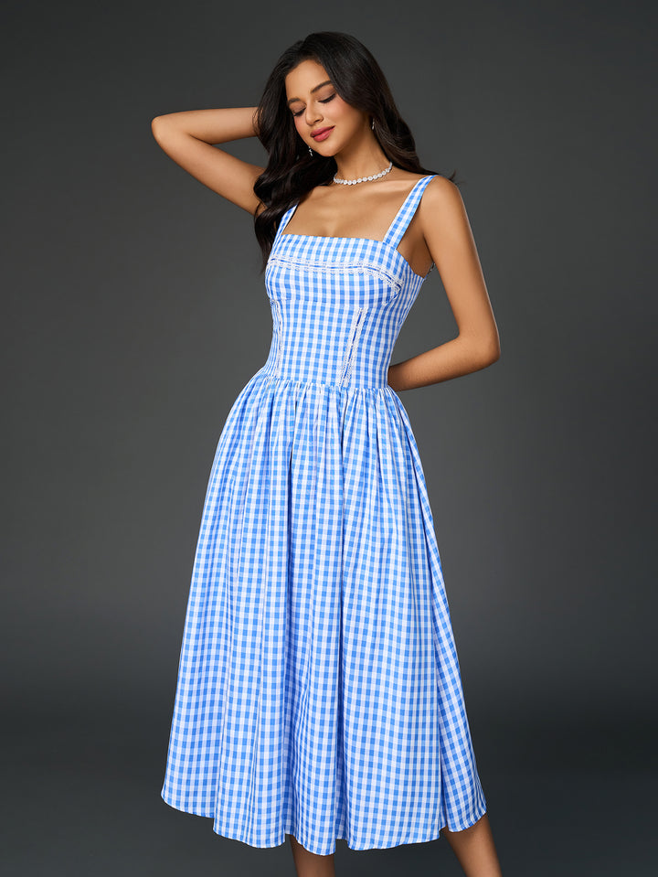 ARIONA French Plaid Print Ruched Slip Midi Dress