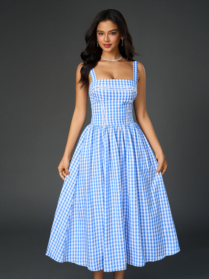 ARIONA French Plaid Print Ruched Slip Midi Dress