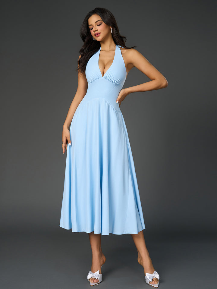 ARLI Sexy Solid V-Neck Ruched Halter Neck Midi Dress