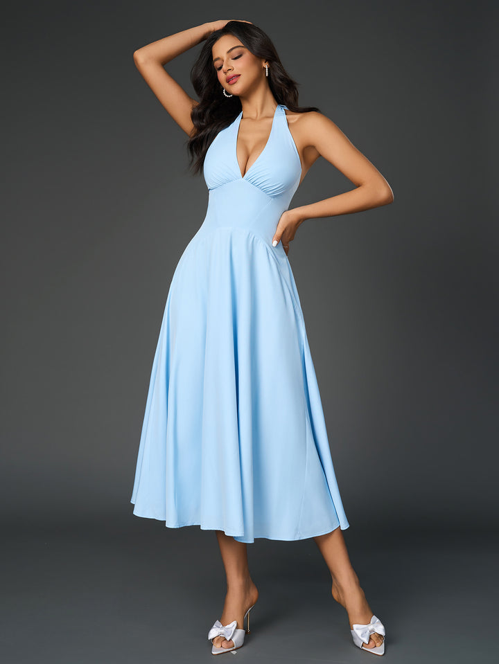 ARLI Sexy Solid V-Neck Ruched Halter Neck Midi Dress