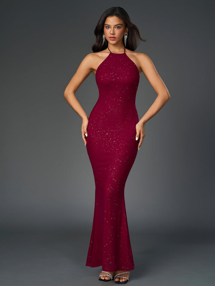 ANIQUE Sexy Sparkly Sleeveless Backless Ruched Bodycon Maxi Dress