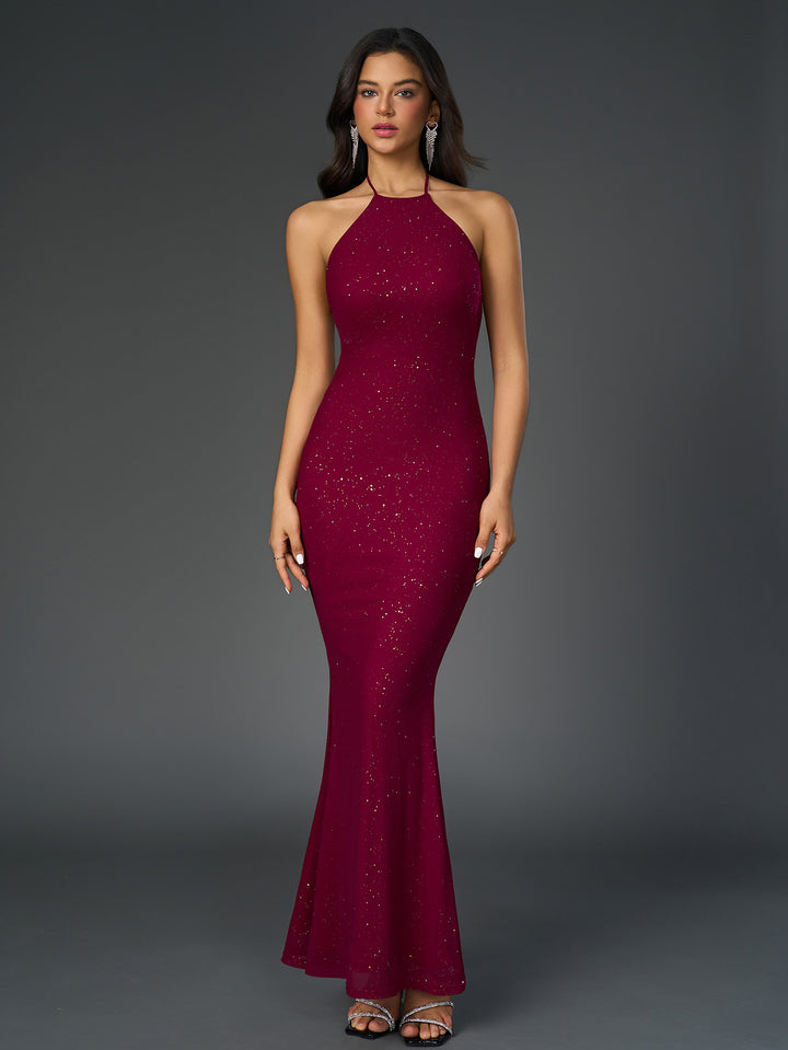 ANIQUE Sexy Sparkly Sleeveless Backless Ruched Bodycon Maxi Dress