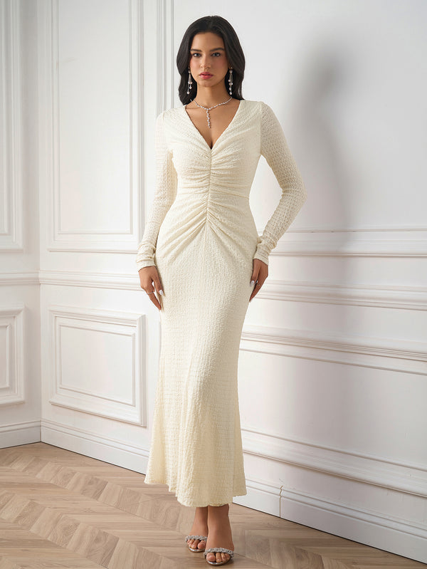 BLAISA Knitted V-Neck Long Sleeves Bodycon Maxi Dress