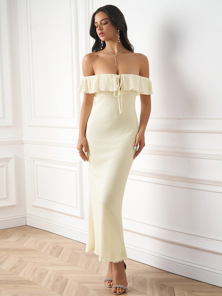 BLENDA Knitted Off-Shoulder Ruched Bodycon Maxi Dress - Ivory / XS BLENDA Knitted Off-Shoulder Ruched Bodycon Maxi Dress - Ivory / XS
