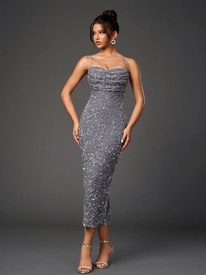 VEAVE Sparkly Sleeveless Backless Bodycon Midi Dress