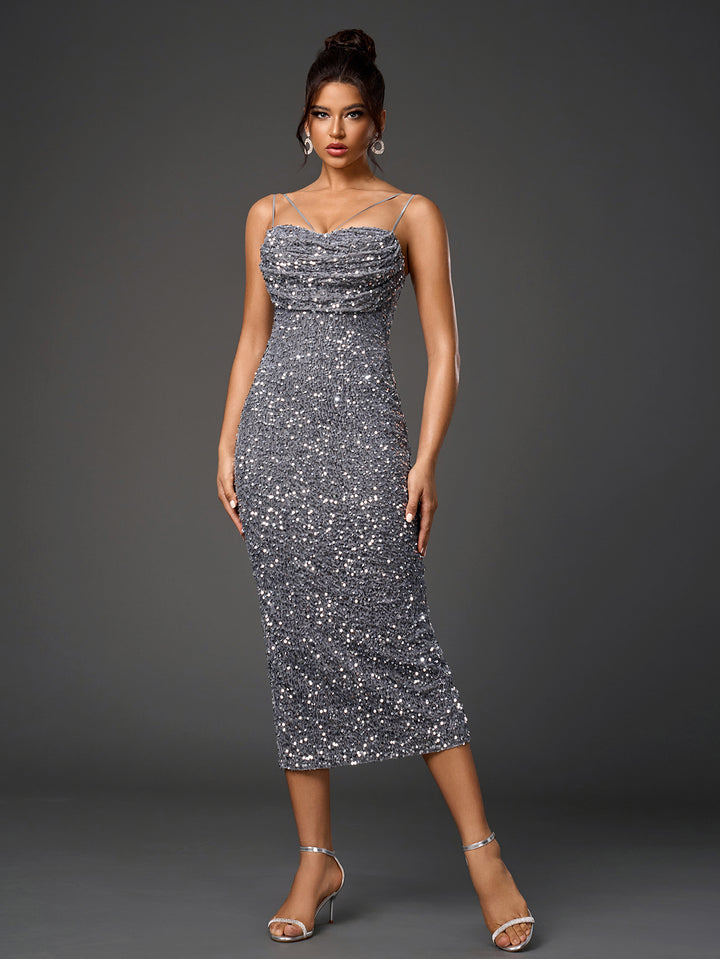 VEAVE Sparkly Sleeveless Backless Bodycon Midi Dress