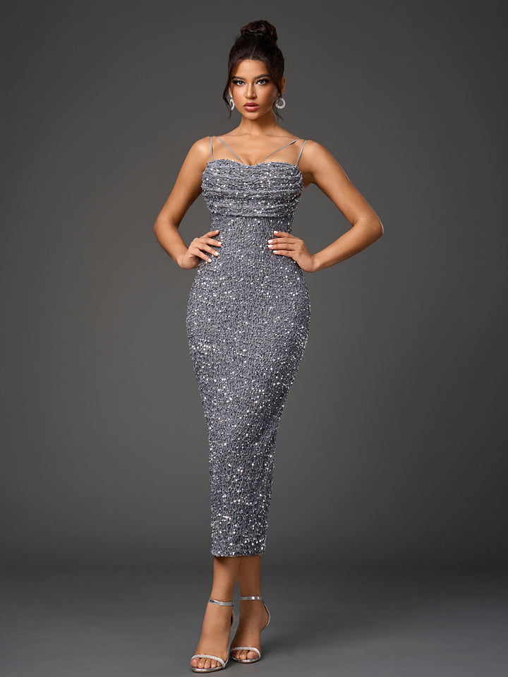 VEAVE Sparkly Sleeveless Backless Bodycon Midi Dress