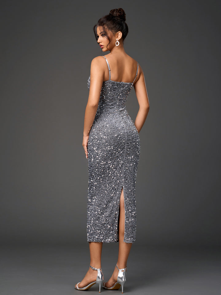 VEAVE Sparkly Sleeveless Backless Bodycon Midi Dress