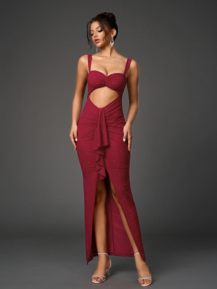 DARJAI Sparkly Sleeveless Backless Cut-Out Ruched Bodycon Dress