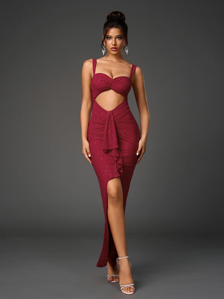 DARJAI Sparkly Sleeveless Backless Cut-Out Ruched Bodycon Dress