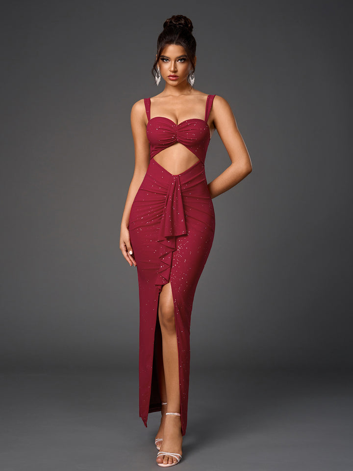 DARJAI Sparkly Sleeveless Backless Cut-Out Ruched Bodycon Dress