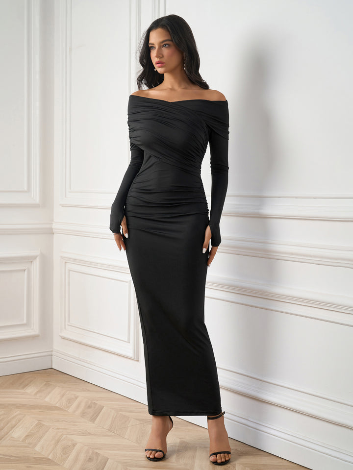 BEVERLY Sexy Solid One Shoulder Ruched Bodycon Maxi Dress