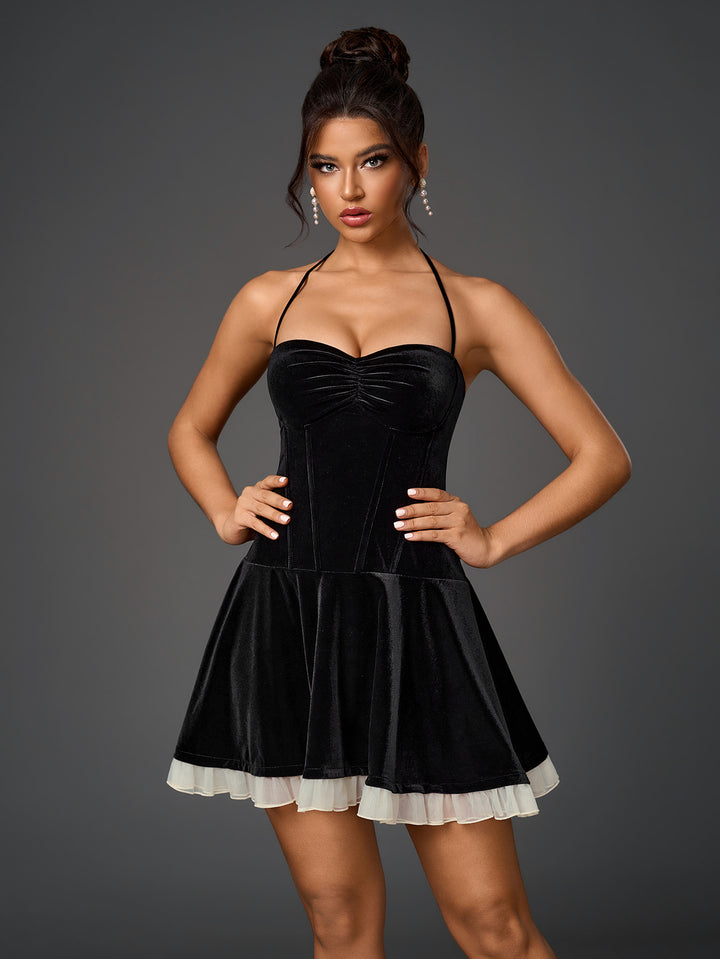 DARARCY Vintage Velvet Halter Neck Bandeau Ruched Mini Dress