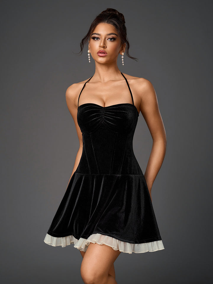 DARARCY Vintage Velvet Halter Neck Bandeau Ruched Mini Dress