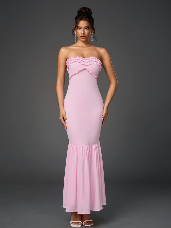 VALINA Sexy Off-Shoulder Backless Ruched Bodycon Fishtail Maxi Dress