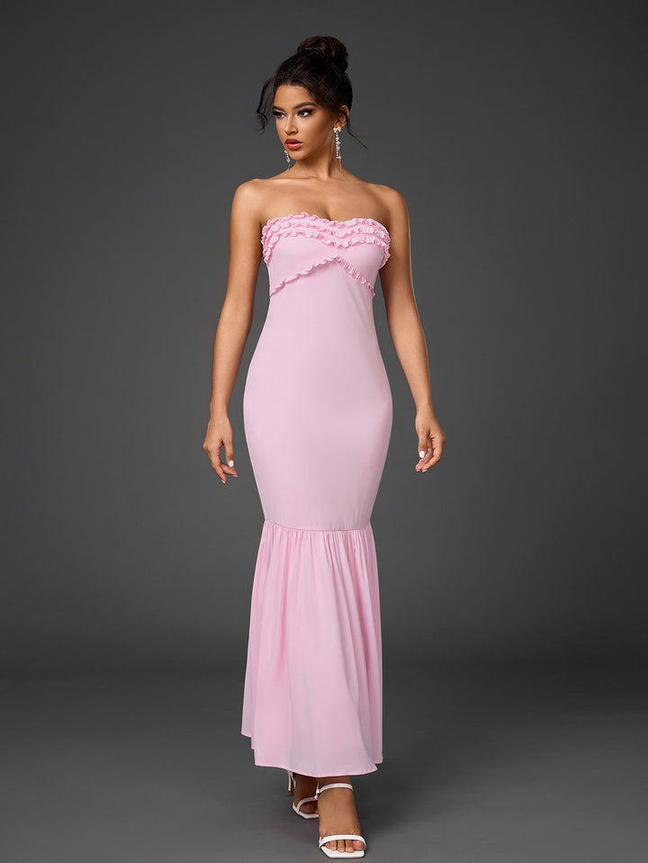 VALINA Sexy Off-Shoulder Backless Ruched Bodycon Fishtail Maxi Dress