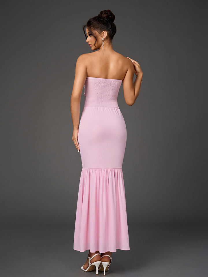 VALINA Sexy Off-Shoulder Backless Ruched Bodycon Fishtail Maxi Dress